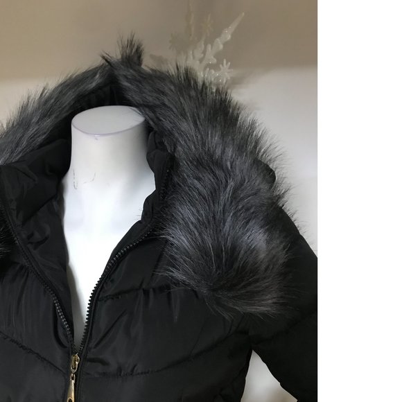 Black Long Coat Jacket Puffer Removable Hood Faux Fox Fur Fall Winter NWOT - Picture 4 of 6